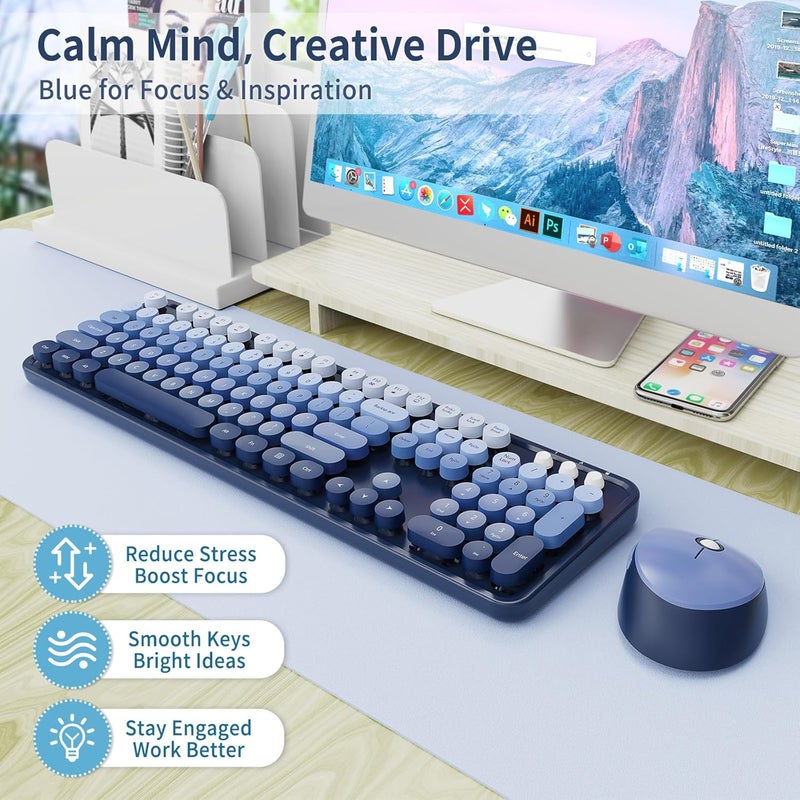 Nowlike Wireless Keyboard and Mouse Combo, Retro Typewriter Keyboard with Round Keycaps, Full-Size Ergonomic, Blue, Ideal for Windows PC, Home, Office, and College, Wireless Keyboard Mouse Combo - Image 2